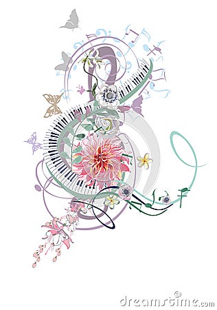 Abstract treble clef decorated with summer and spring flowers, palm leaves, notes, birds. Vector Illustration